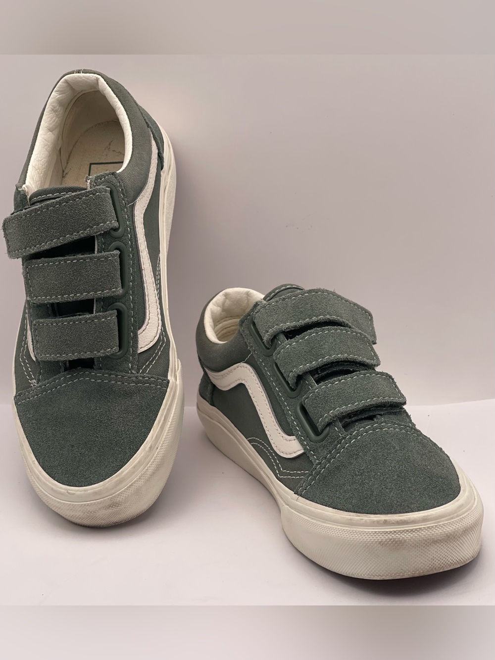 Vans Old Skool V Hook & Loop Sneakers Sage Green Suede Canvas Kids Size 3.5